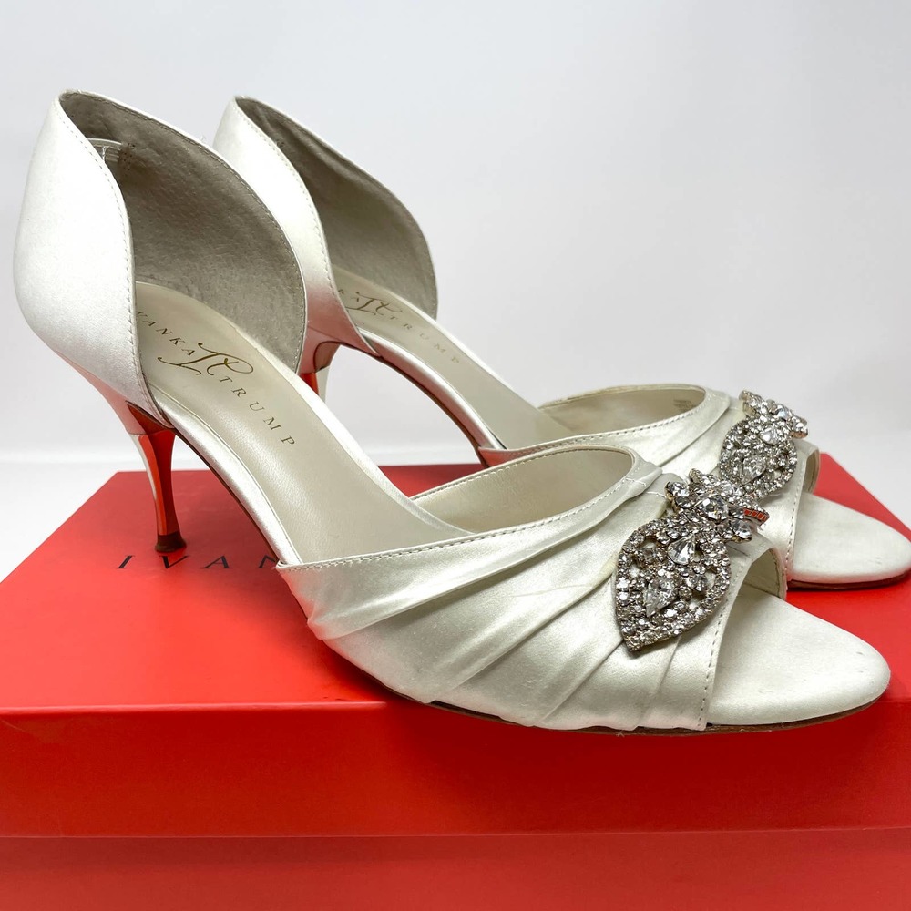 Ivanka Trump Pearl Satin Peep-Toe Heels with Crystal Embellishment